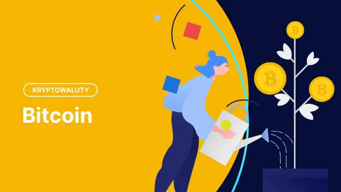 Ilustracja: kobieta podlewa drzewko z monetami bitcoin.